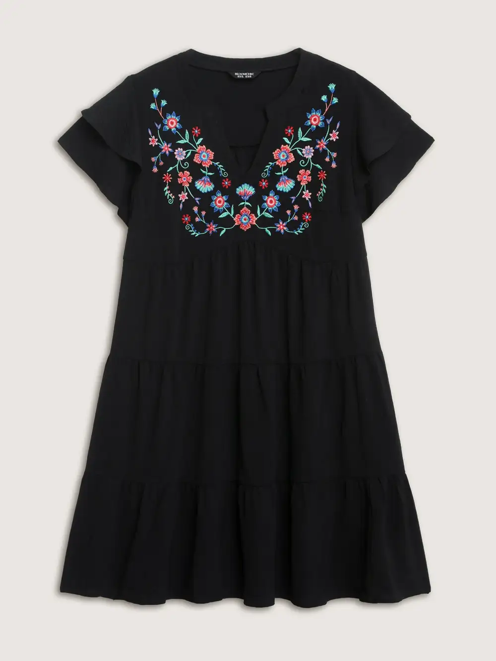 Embroidered Neckline A-Line Ruffled Knee-Length Dress