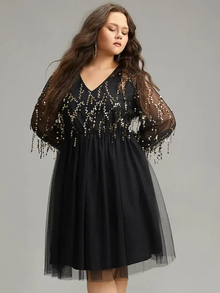 Sequin Mesh Patchwork Tassel Dress