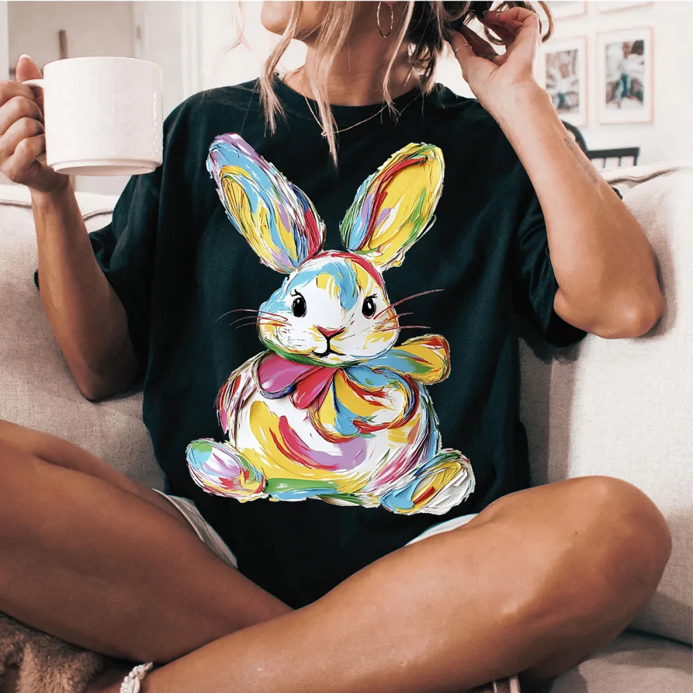 T-shirt Colorful Easter Bunny Women Printed Round Neck Short Sleeve