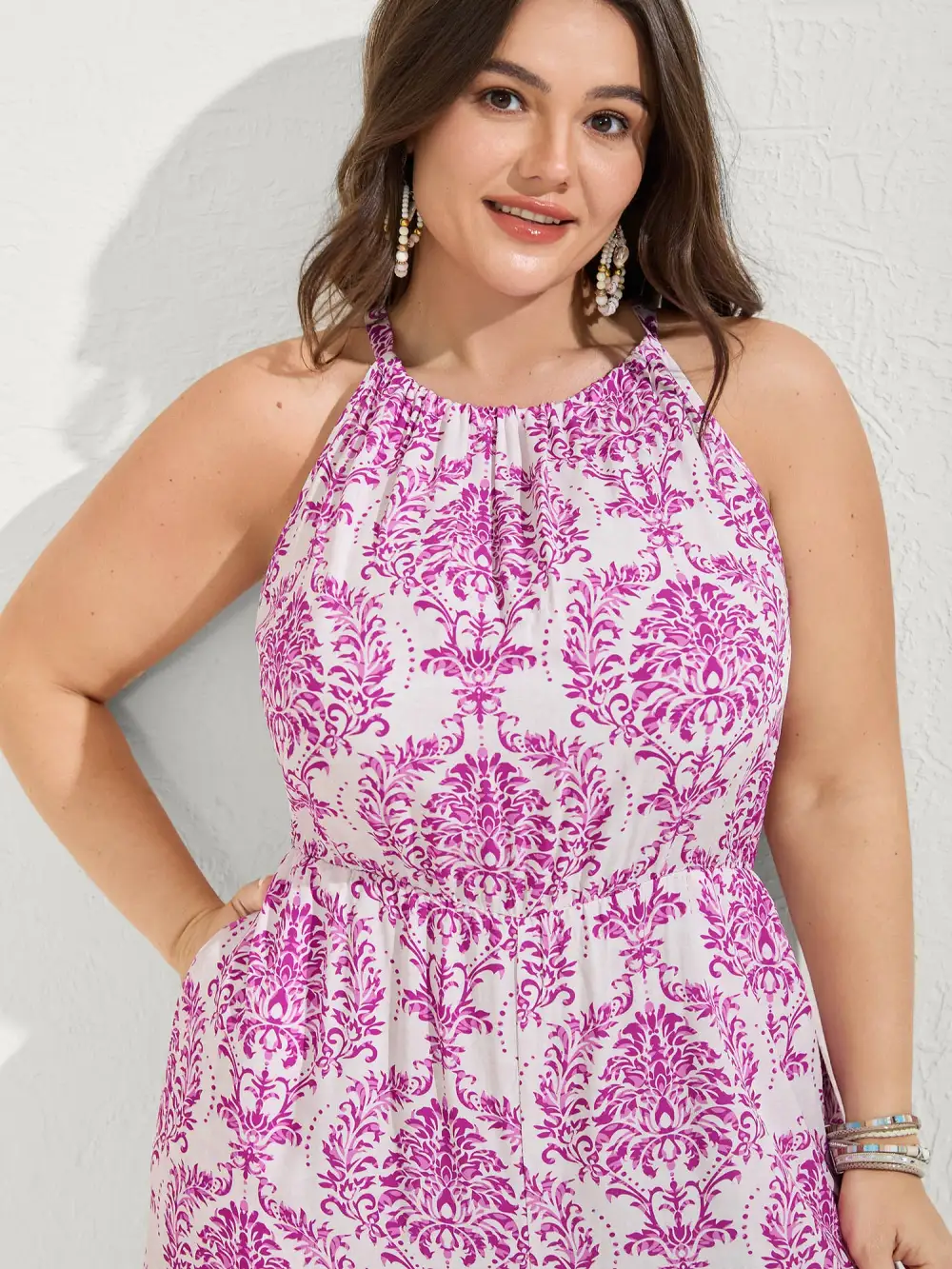 Rayon Damask Print Stretchy Waist Jumpsuit