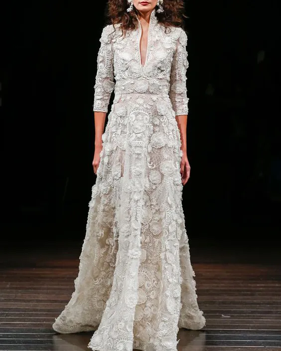 White 3D embroidered lace V-neck maxi dress