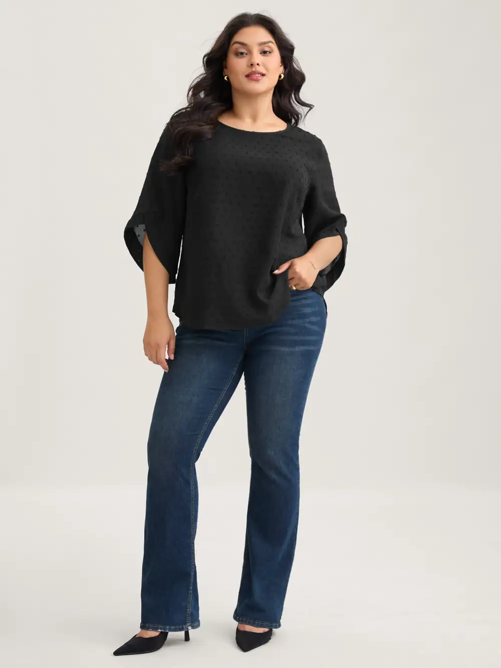 Textured Round Neck Bell Sleeve Blouse