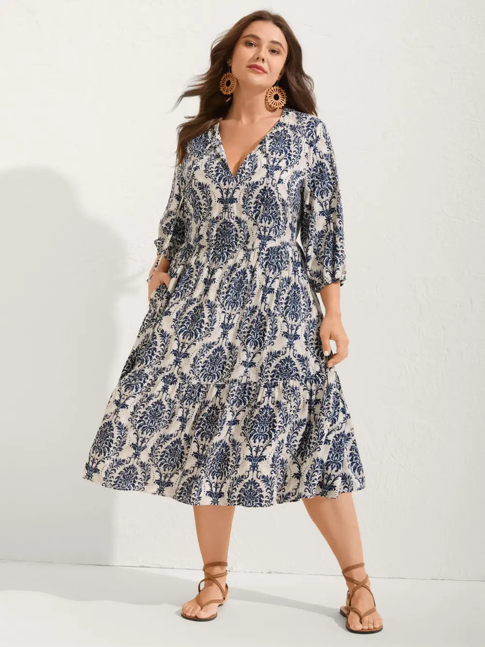 Damask Print Tie Knot Puff Sleeve Dress