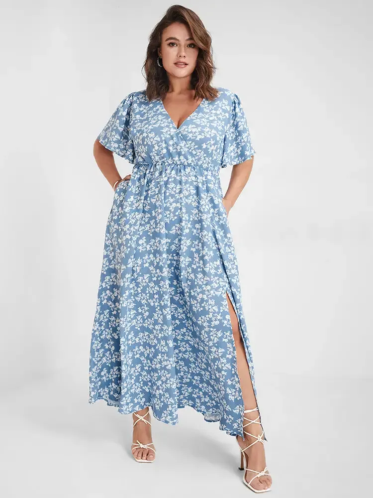 Bloom Dress - Flutter Sleeve Ditsy Floral Pocket Split Maxi Dress