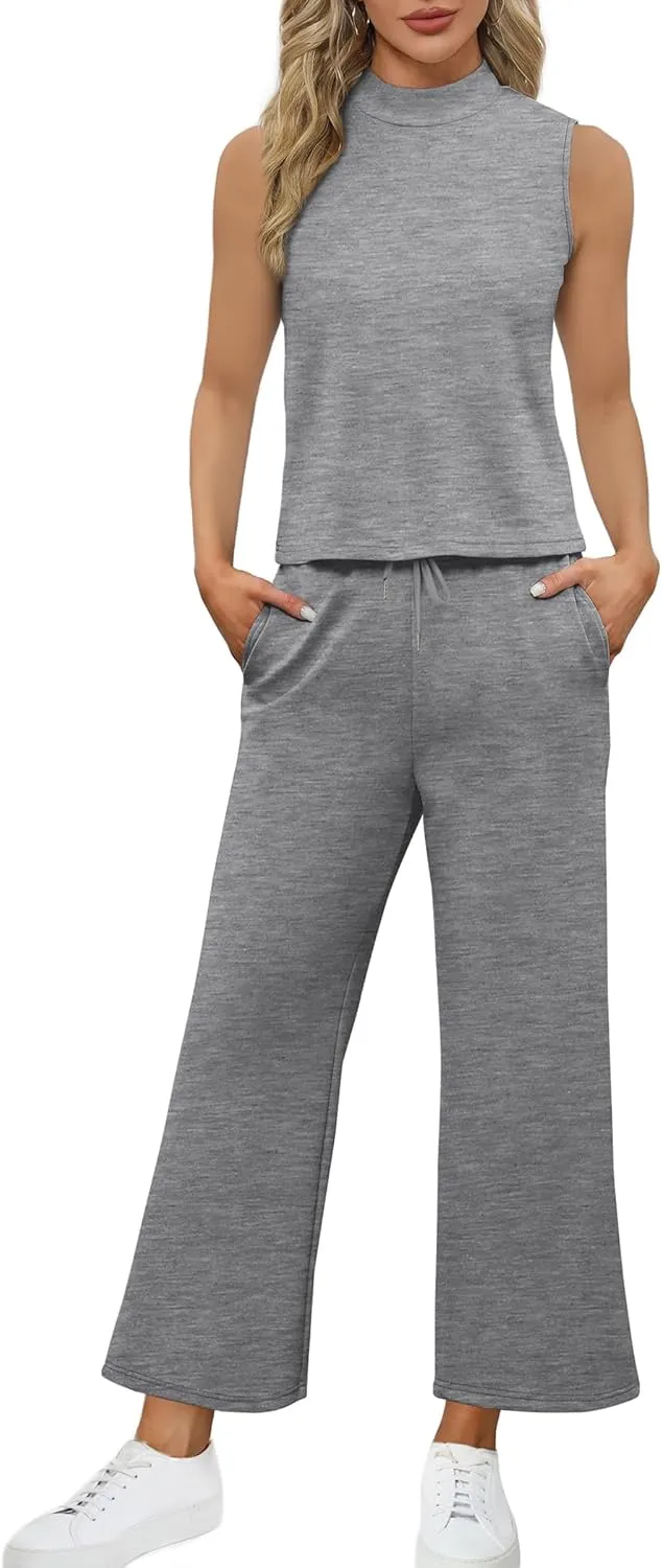 Two Piece Sets for Women Summer Outfits Lounge Sets Mock Neck Tops Wide Leg Crop Pants Vacation Travel Outfits