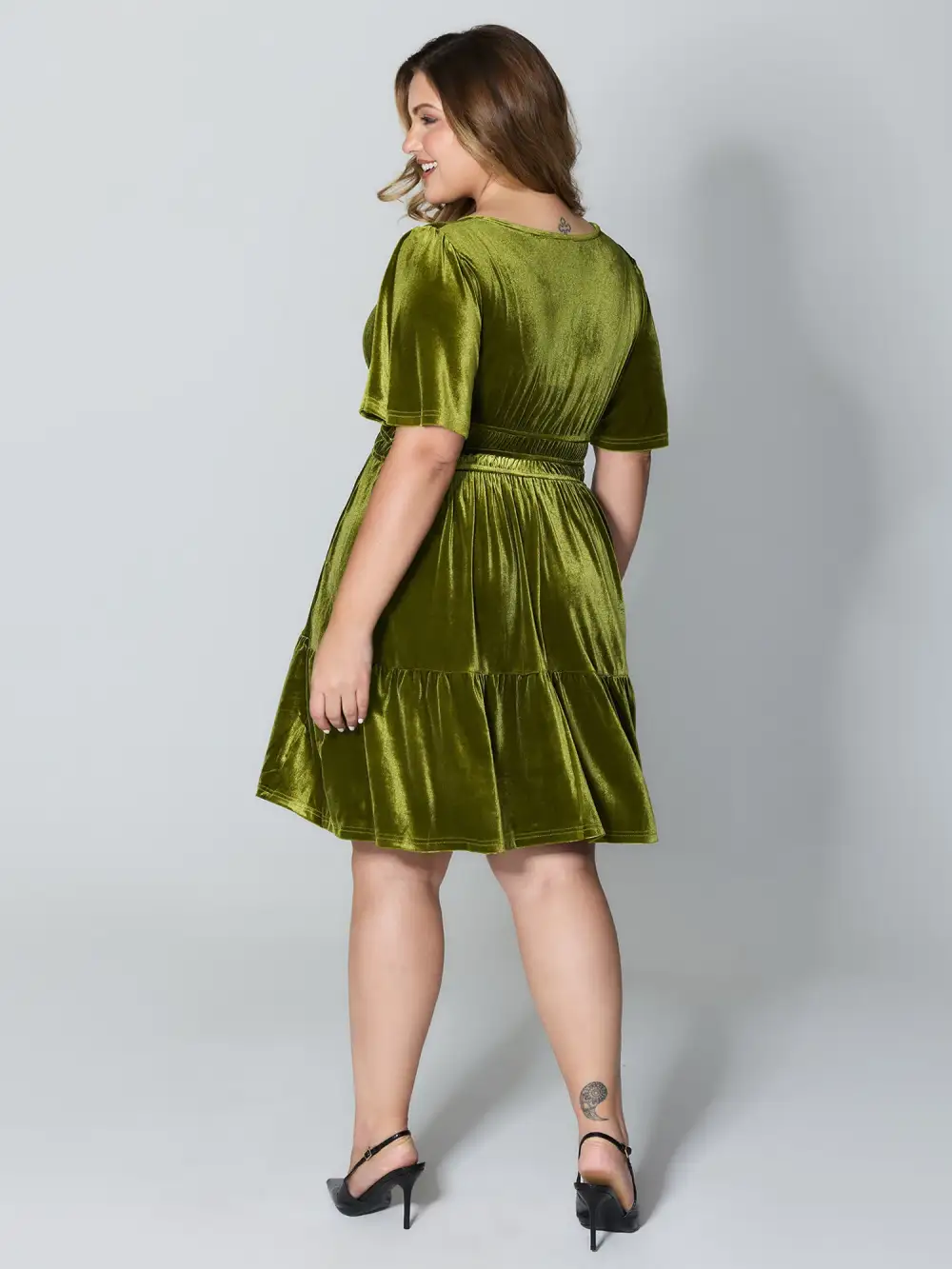 Velvet Stretchy Waistband Tiered Knee-Length Dress