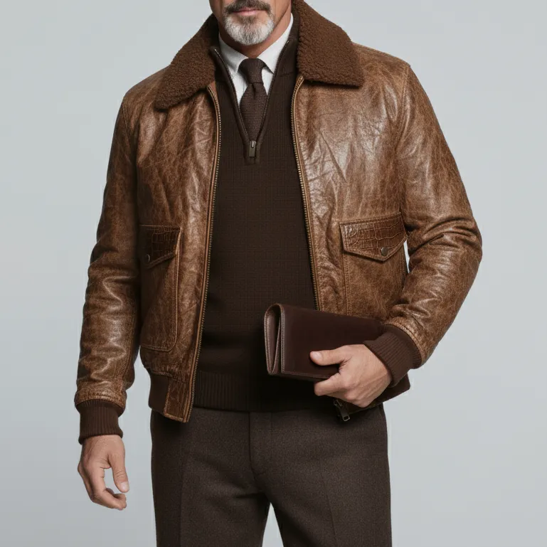 Men's Brown Plush Shirt Collar Long Sleeve Crocodile Flap Pockets Zipper PU Leather Jacket