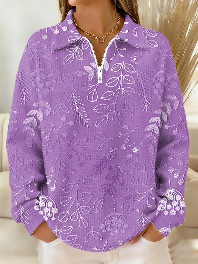 Women's Purple Floral Print Lapel Plaid Top