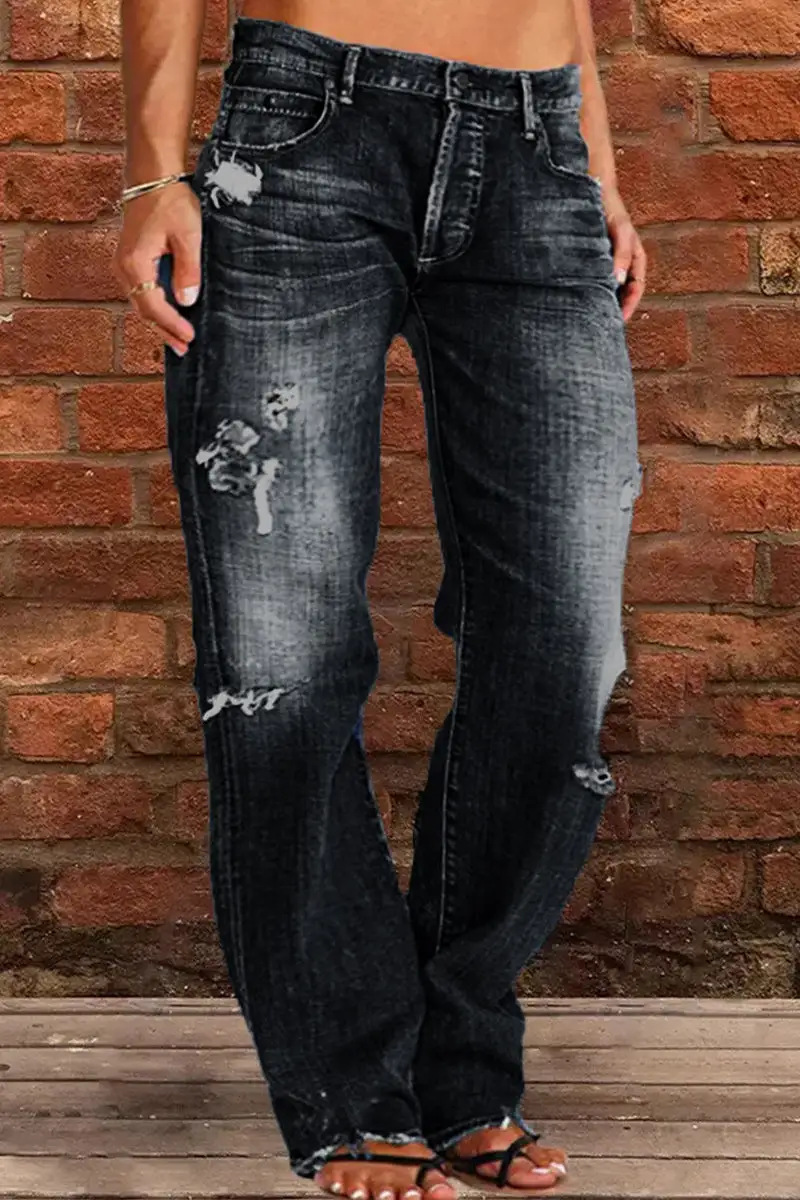 Casual Street Patchwork Ripped Straight Denim Jeans