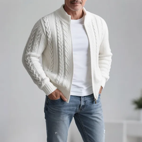 Men's Casual Stand Collar Cable Knit Zip Up Sweater Jacket