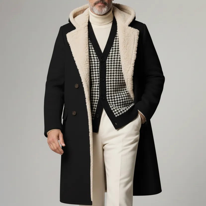 Men's Black Double Breasted Long Sleeve Shearling-Lined Hooded Coat