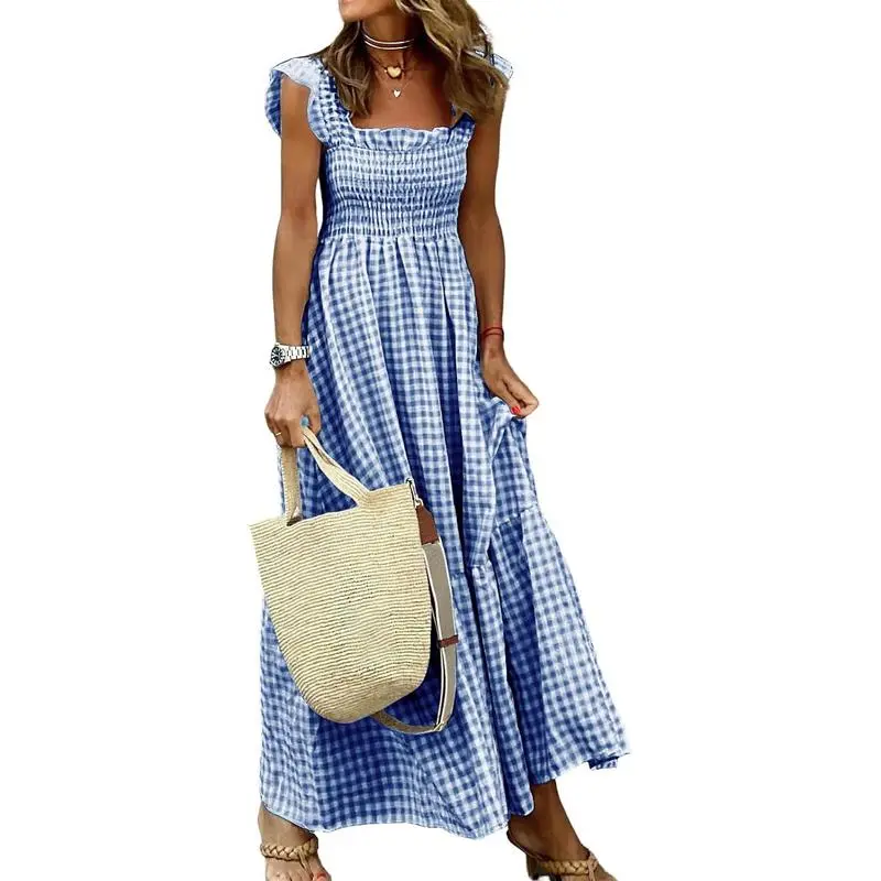 Women's Retro Plaid Smocked Flounce Maxi Dress – Spaghetti Strap