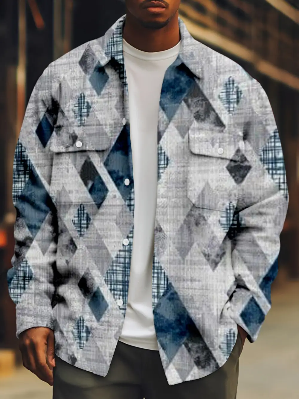 Men's Corduroy Geometric Retro Print Shirt Jacket