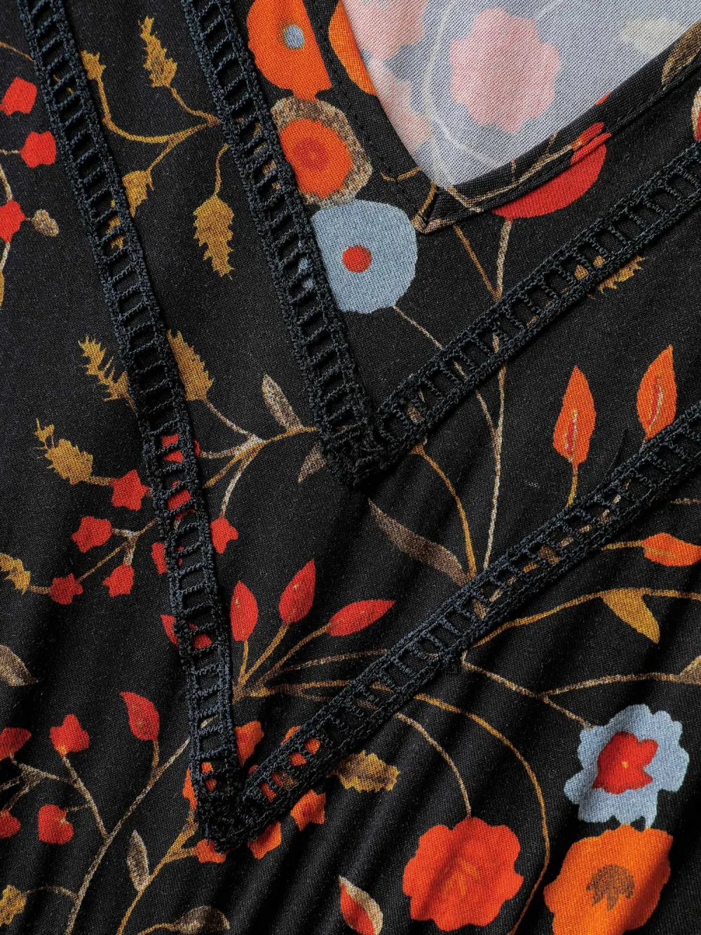 Floral Branch Print Lace Trim Maxi Dress