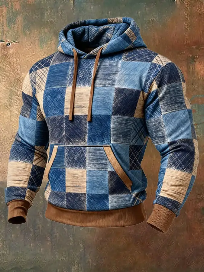 Men's Retro Distressed Color Block Print Casual Long Sleeve Sweatshirt