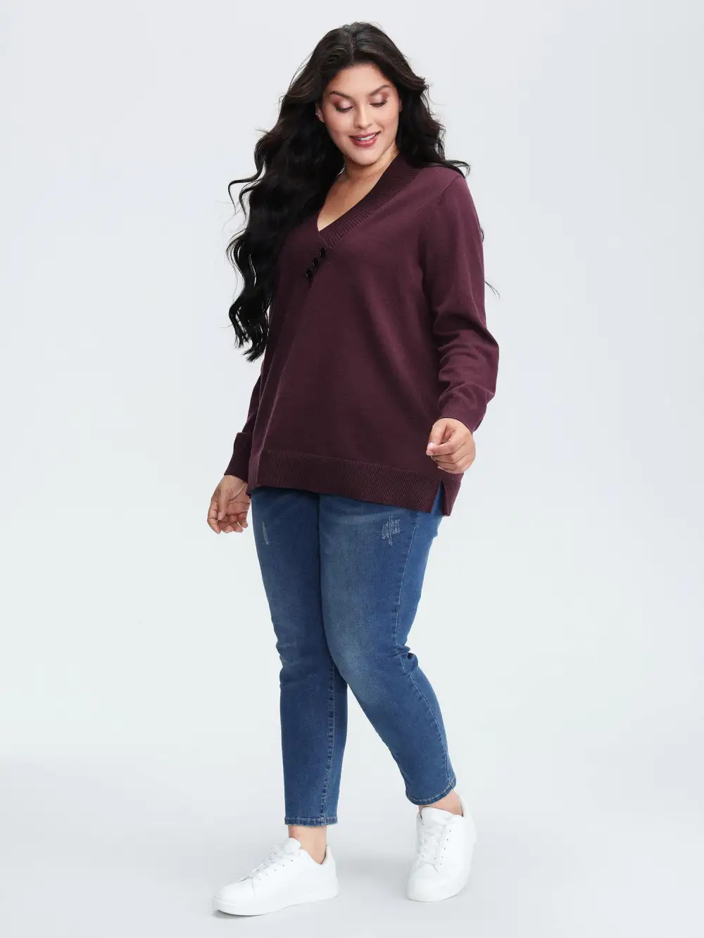 V-Neck Button Detail Plain Pullover
