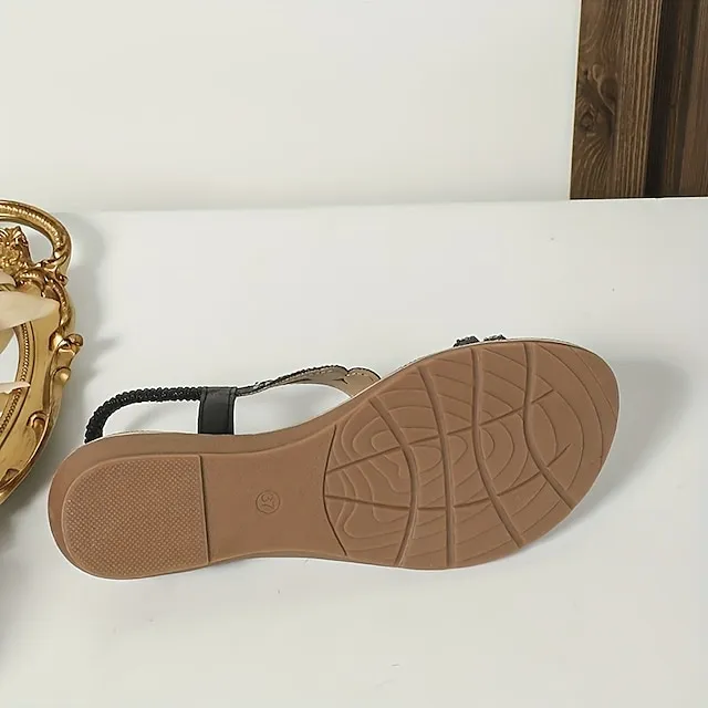 Women's Sandals Boho Bohemia Beach Flat Sandals Plus Size Outdoor Beach Rhinestone Flat Heel Elegant Casual PU Loafer Silver Rose Gold Black
