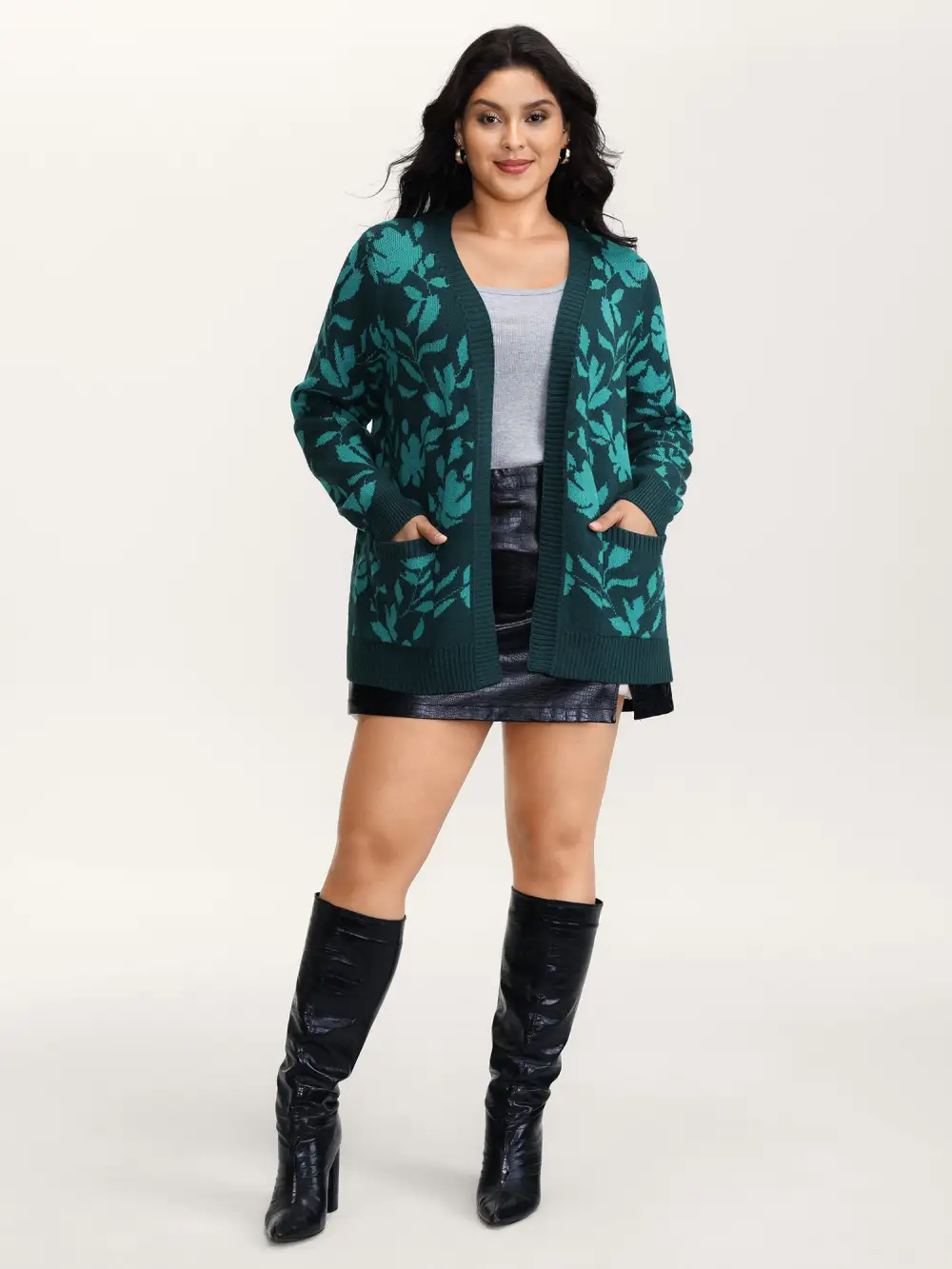 Floral Print V-Neck Ribbed Knit Cardigan