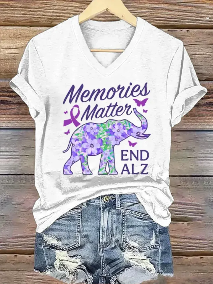Women's Purple Alzheimer Awareness Art V-neck Casual T-Shirt