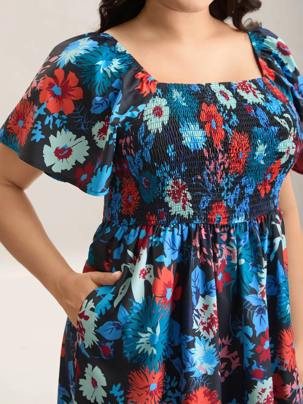 Floral Shirred Square Neck Pocket Midi Dress