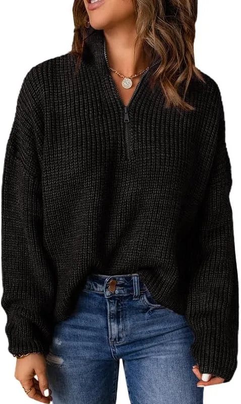 Womens Sweaters Long Sleeve 1/4 Zip Pullover Polo V Neck Dressy Casual Tops