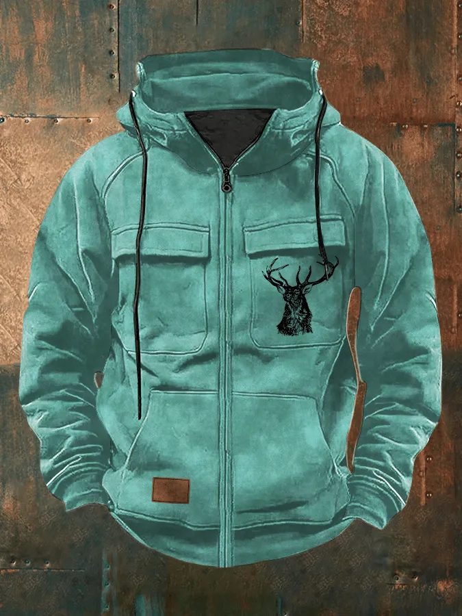 Men's Retro Western Elk Print Multi-Pocket Hooded Zip-Up Sweatshirt