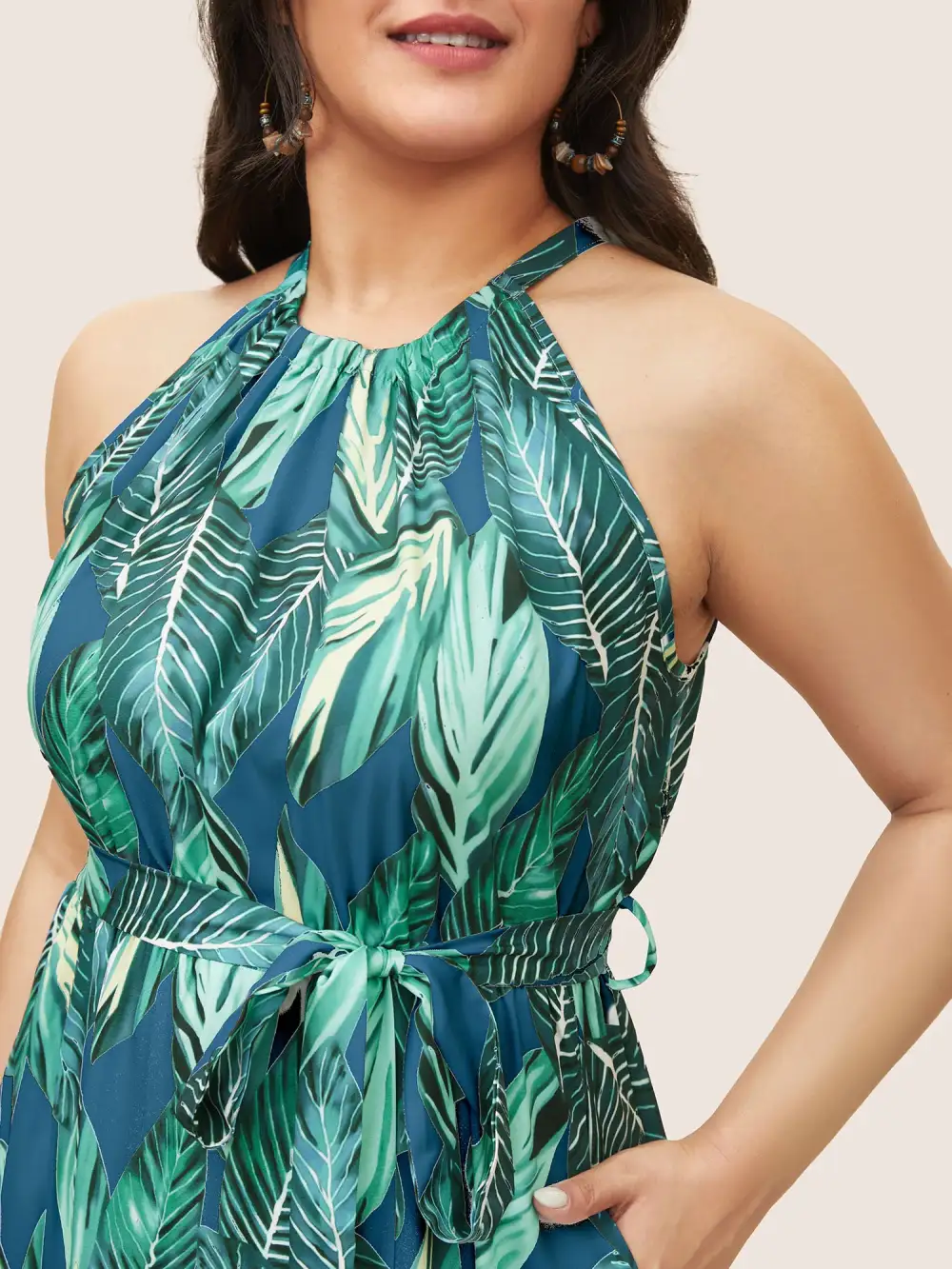 Tropical Print Knotted Pocket Ruffles Belted Halter Dress