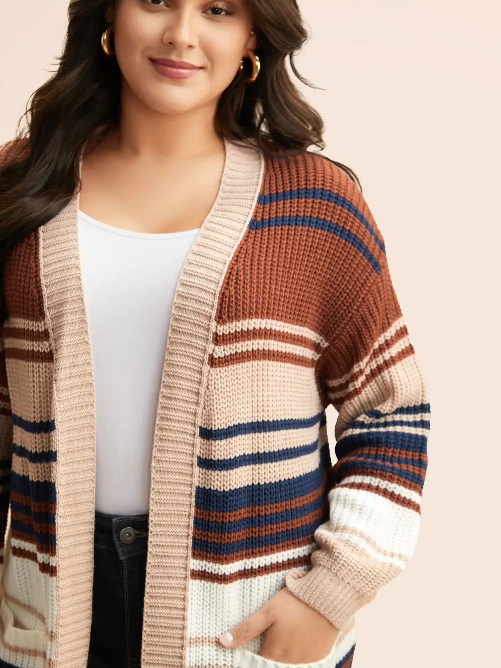 Contrast Striped Pocket Drop Shoulder Cardigan