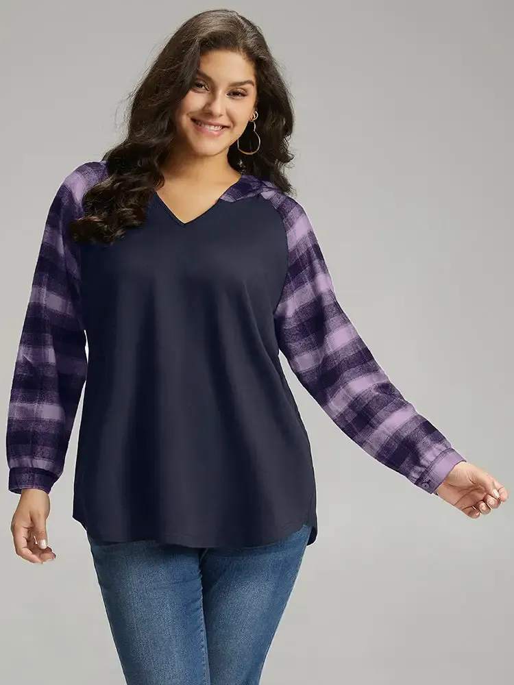 Plaid Print Hooded Patchwork Sweatshirt