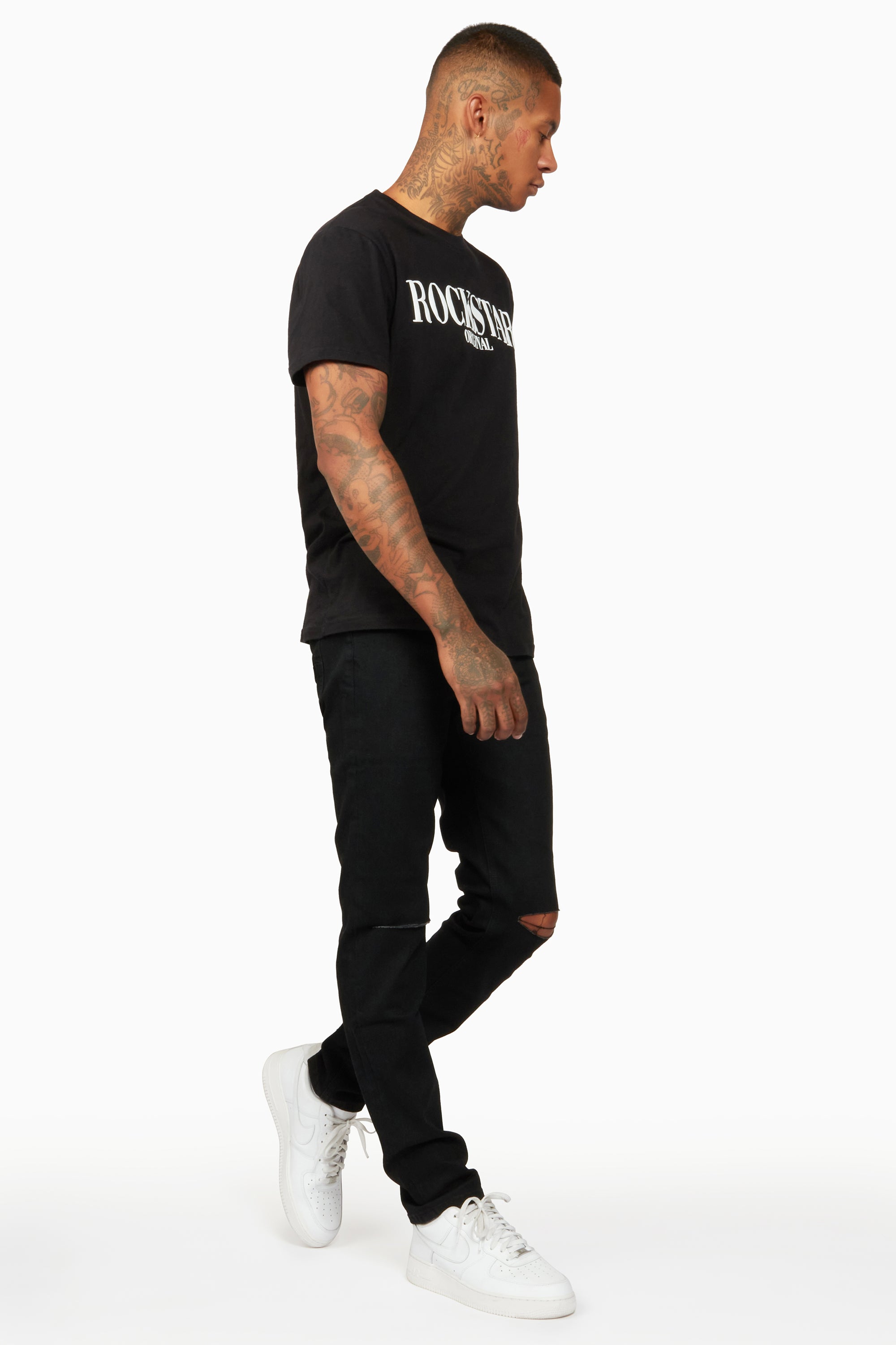 Oscar Black Knee Slit 5 Pocket Jean Straight Fit