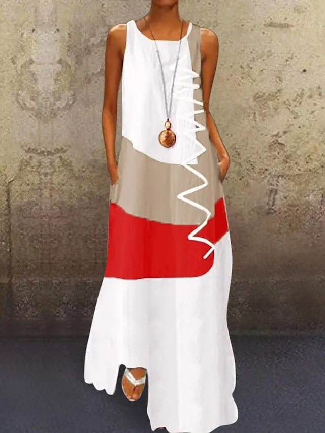 Women's Casual Dress Boho Dress Long Dress Maxi Dress Blue Khaki Red Sleeveless Graphic Print Fall Spring Summer Crew Neck Fashion Daily Vacation Summer Dress 2023 S M L XL XXL 3XL 4XL 5XL