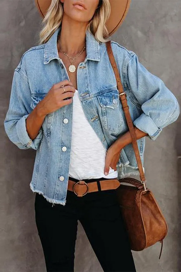Vintage Button Detailed Frayed Denim Jacket