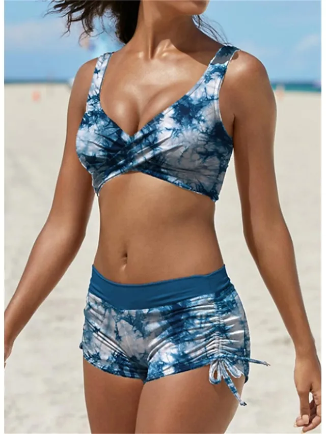 Women's Swimwear Bikini 2 Piece Plus Size Swimsuit Ruched Backless 2 Piece Open Back Slim Camouflage Pure Color Orange Padded V Wire Bathing Suits New Vacation Fashion