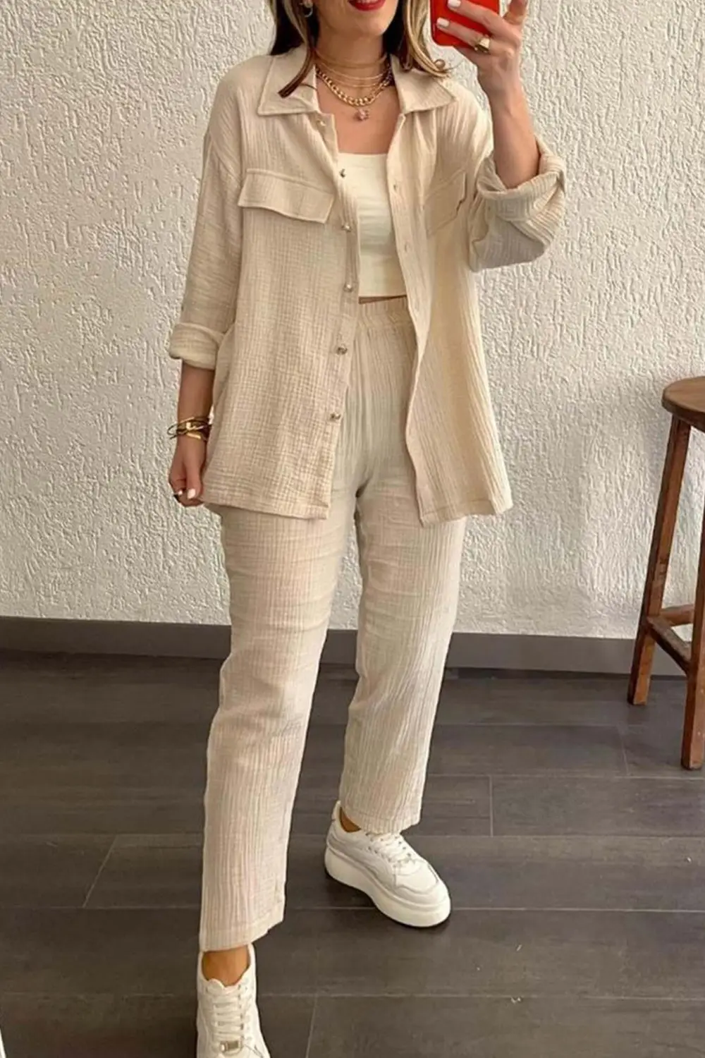 Long Sleeve Pocketed Slit Shirt Long Pants Suits