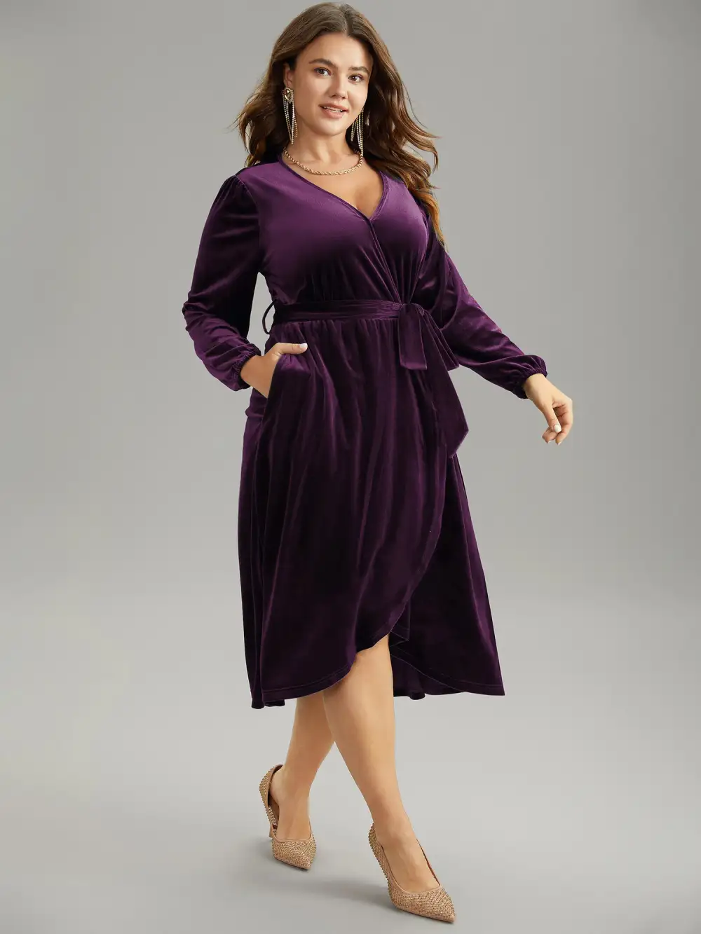 Solid Velvet Belted Wrap Arc Hem Dress