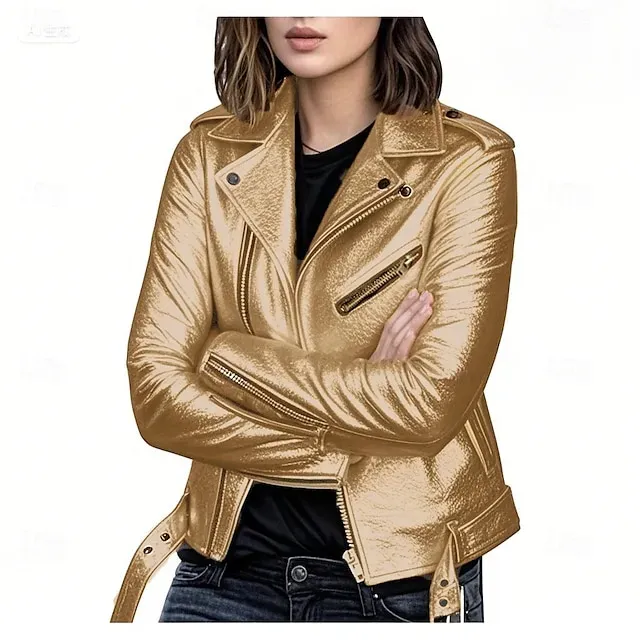Women's Faux Leather Jacket Comfortable Full Zip Fashion Street Style Plain Outdoor Casual Daily Regular Turndown Regular Fit Long Sleeve Outerwear Silver Black Pink Spring Fall