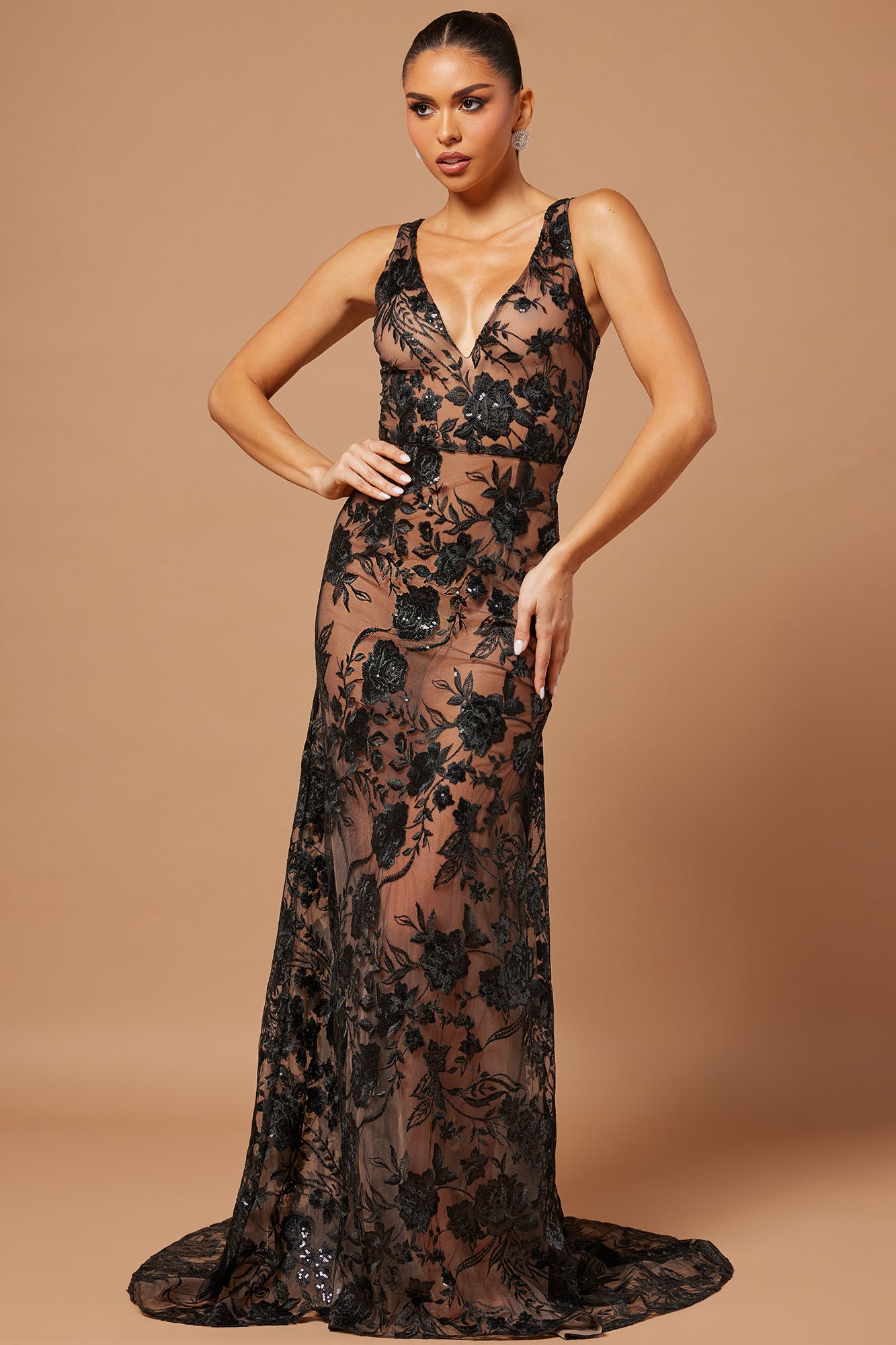 Serena Sequin Embroidered Gown - Black