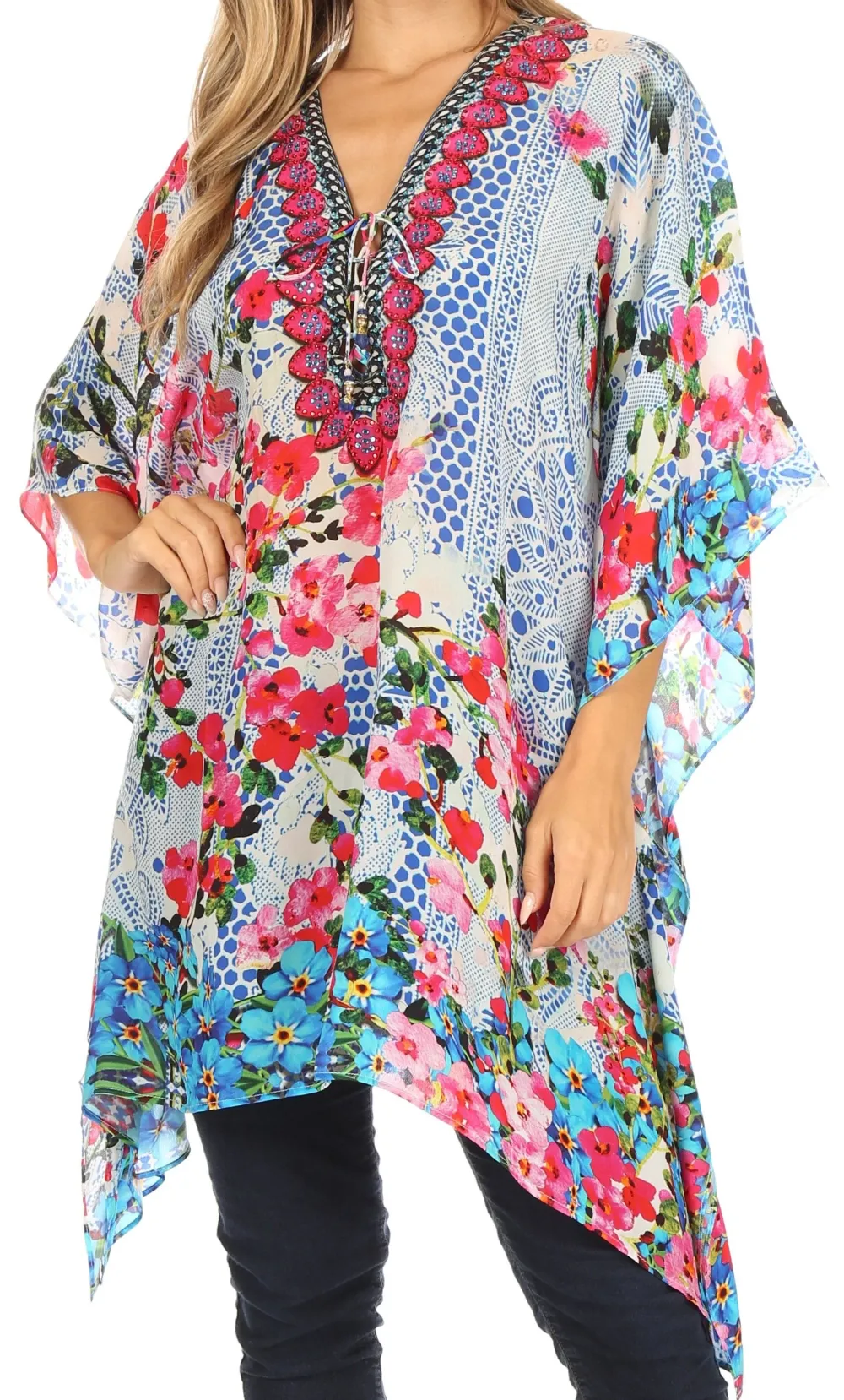 Women's Caftan Poncho Cover up V neck Top Lace up With Rhinestone