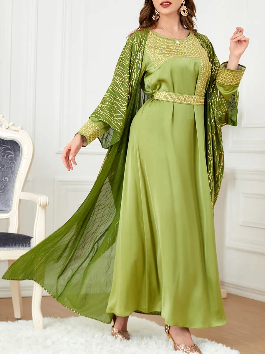 Round neck embroidery and gold stamping long sleeved dress cardigan two-piece set