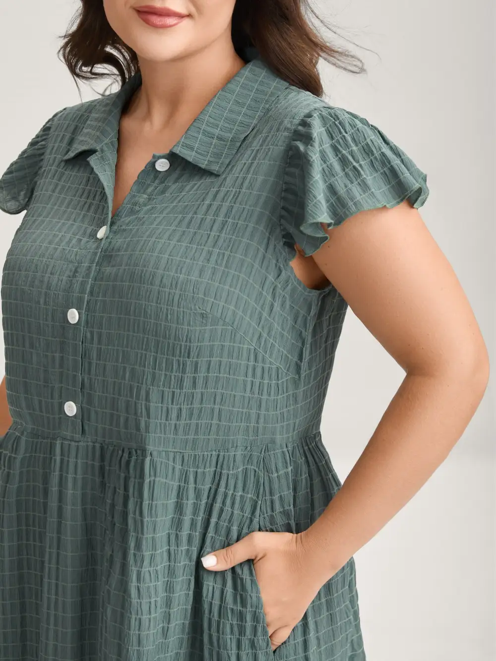 Textured Pockets Collar Flutter Sleeve Midi Dress