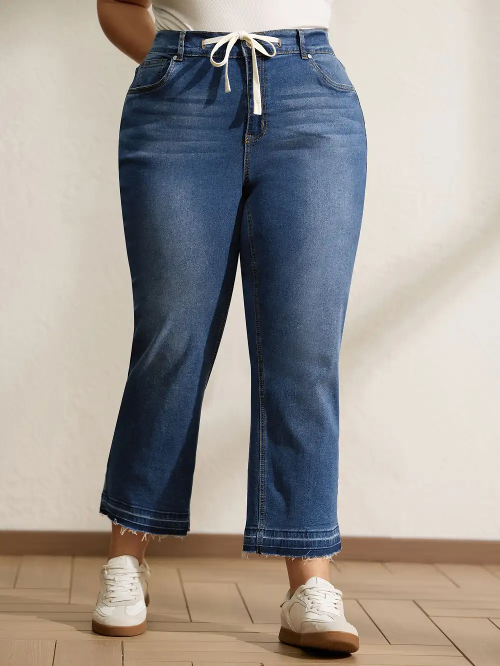 Drawstring Frayed Hem Straight-Leg Jeans