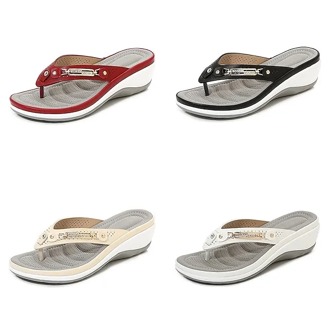 Women's Slippers Flip-Flops Outdoor Slippers Beach Slippers Daily Beach Color Block Summer Rhinestone Wedge Heel Round Toe Basic Casual Minimalism Faux Leather Loafer Almond Black White