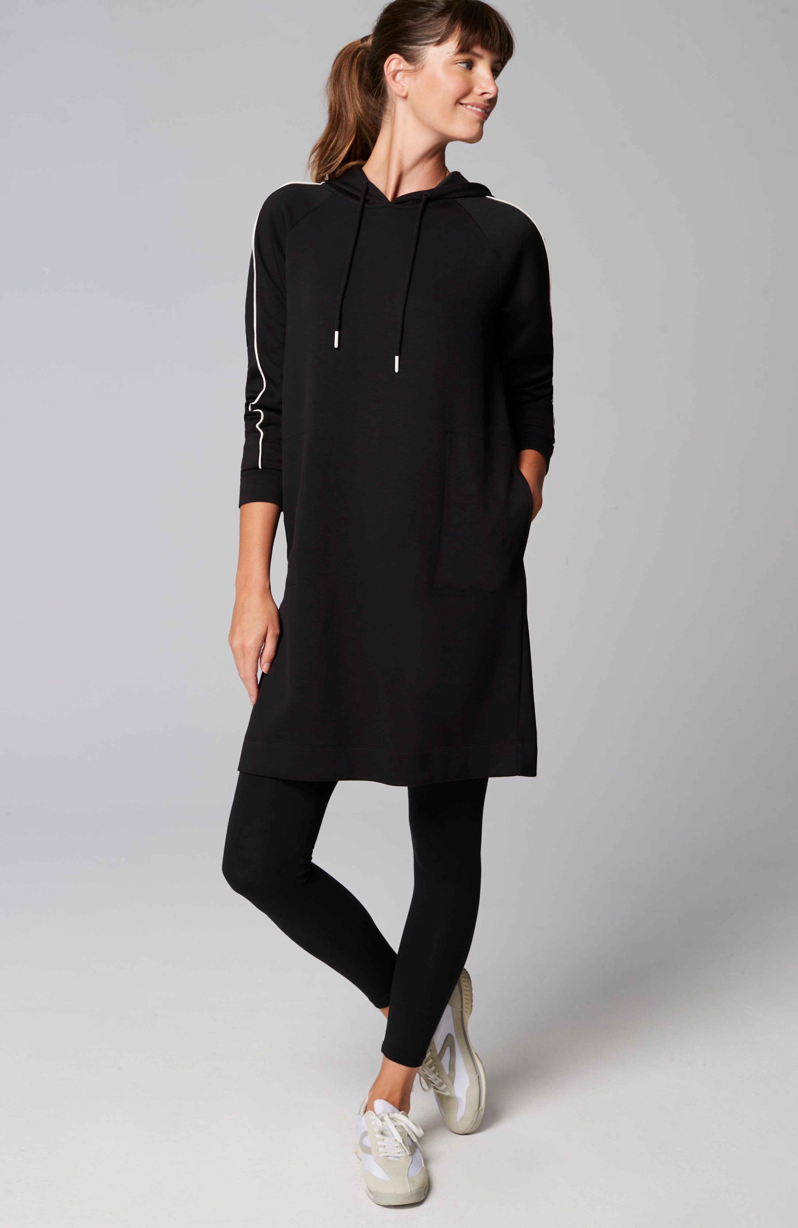 Fit Sleek Double-Knit Hooded Piped Dress