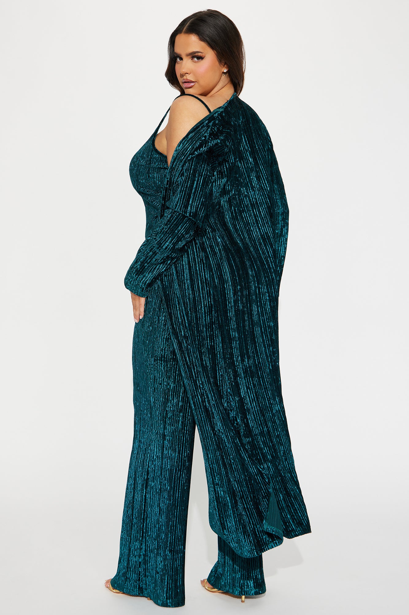 Carrie 3 Piece Velvet Plisse Pant Set - Hunter