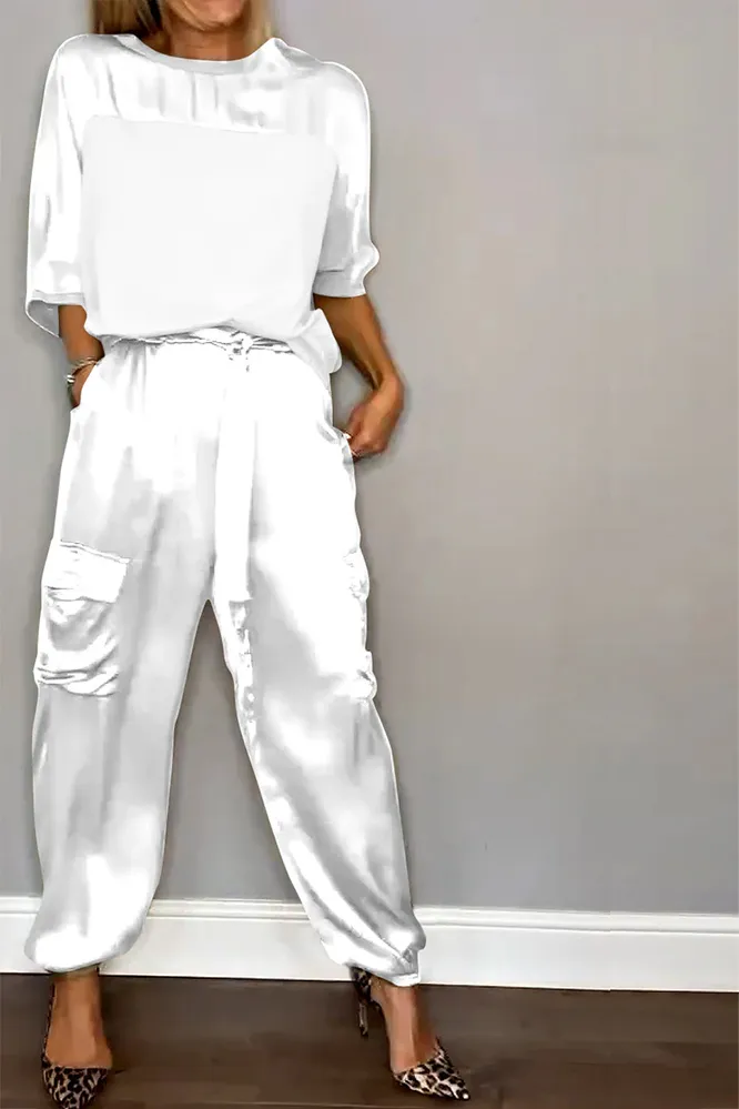 Women's Smooth Satin Half-sleeved Top and Pant Suit Two-piece