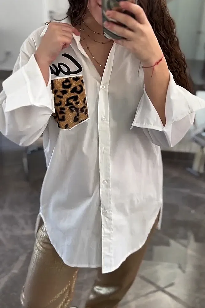 Women's leopard pocket shirt and pants two-piece suit