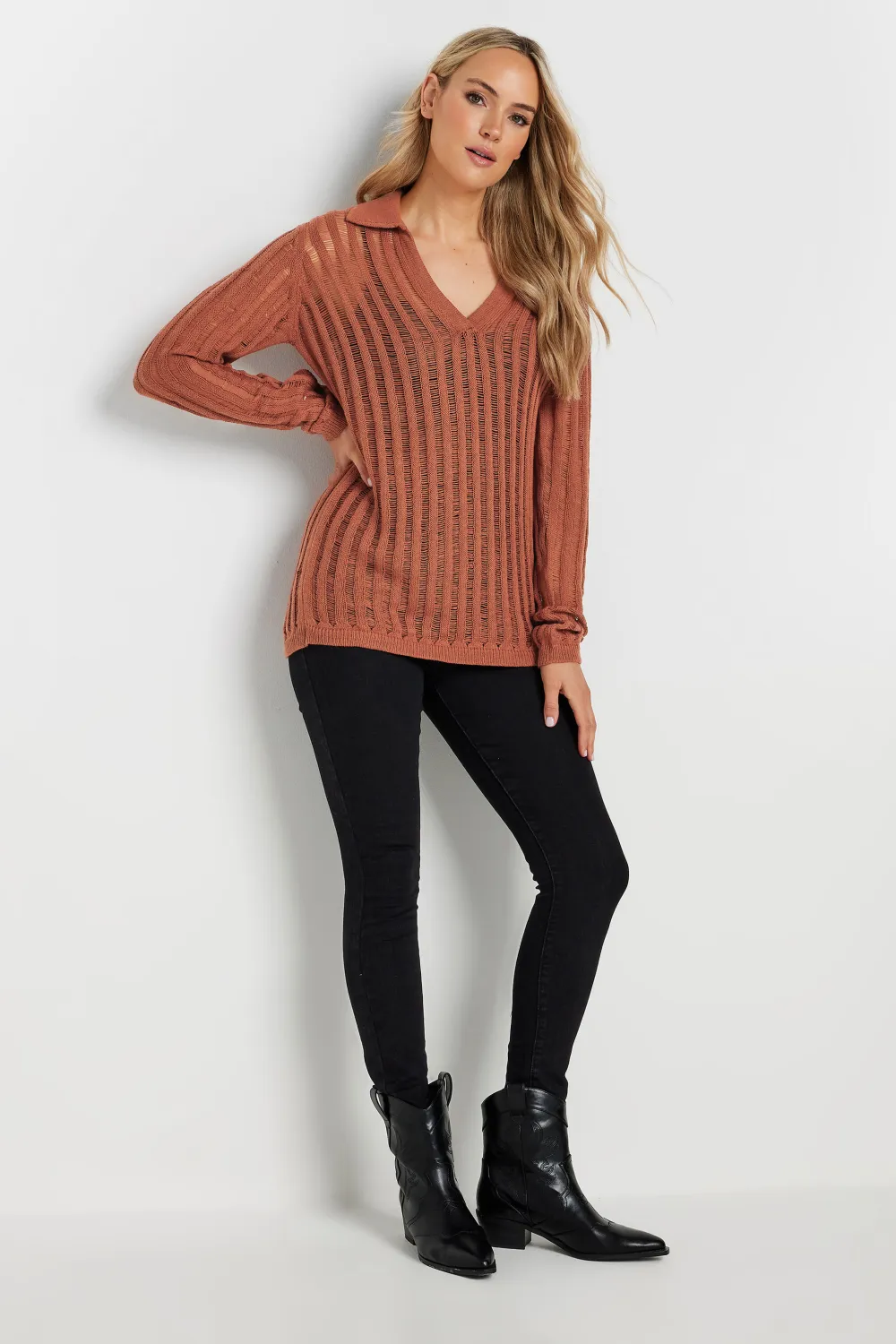 LTS Tall Ivory White Collared Crochet Jumper