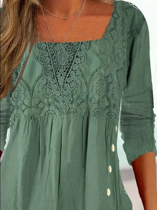 Round Neck Casual Loose Lace Stitching Long-sleeved Blouse