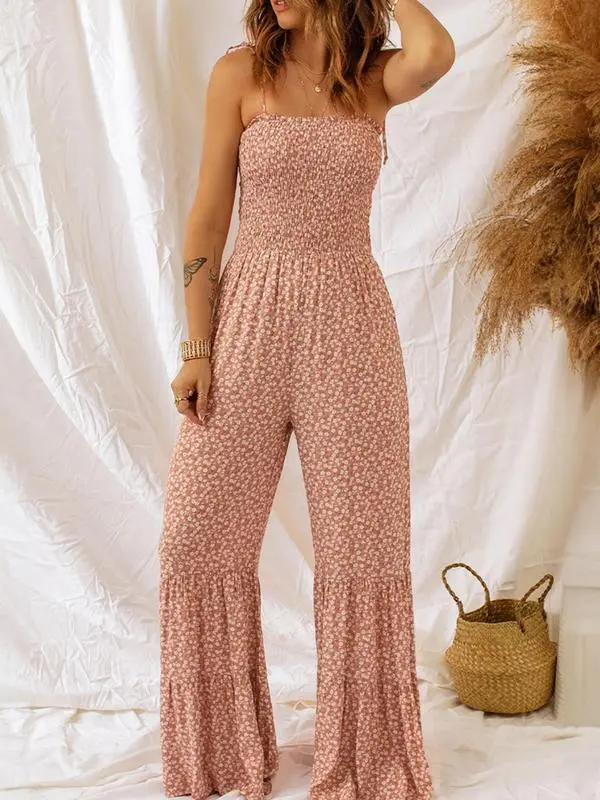Women's Boho Floral Tie-Shoulder Wide-Leg Jumpsuit