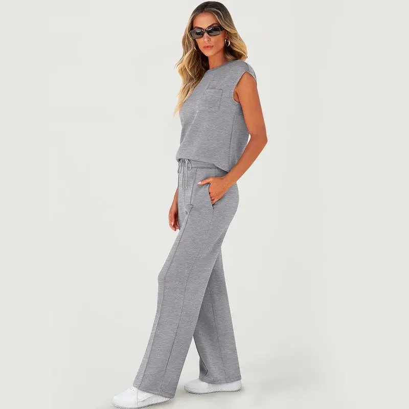 Women's Summer 2 Piece Outfits Casual Sleeveless Sweatsuits Matching Wide Leg Tracksuits Lounge Sets